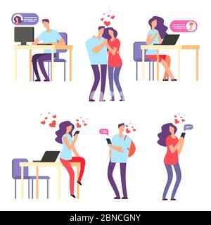Vector online romantic dating. Man and woman, cute couple using mobile application for talking and love relationship. Woman and man dating, communication smartphone illustration Stock Vector