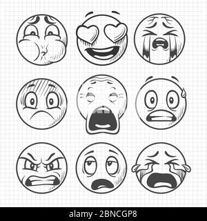 Hand drawn dissatisfied sad faces, smiles vector set isolated on white background illustration Stock Vector