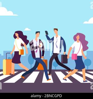 People cross the road at crosswalk vector illustration. People going to crosswalk street Stock Vector