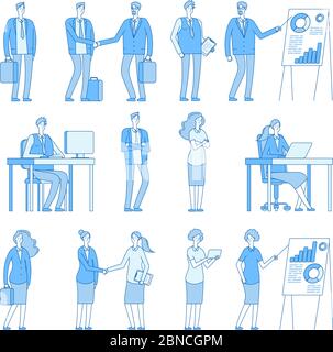 Business line people characters. Business man woman in corporate office, professional people vector set. Illustration of professional corporate office Stock Vector