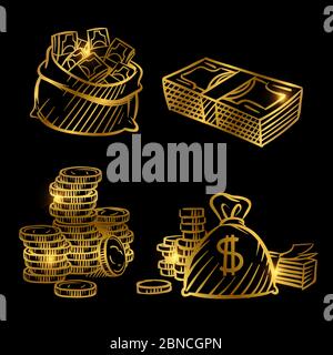 Sketch of money. Golden vector coins and money isolated on black background. Illustration of money golden sketch, gold cash coin Stock Vector