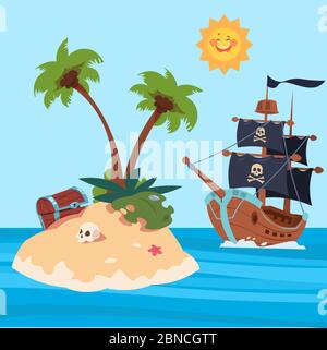 Pirates ship and treasures island vector illustration. Treasure on sand island in ocean Stock Vector