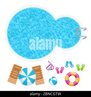 Swimming pool and summer accessorises top view vector elements isolated on white background illustration Stock Vector
