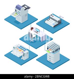 Printing house with woman opertator isometric vector concept. Woman control processing printer and multifunction electronic printshop illustration Stock Vector