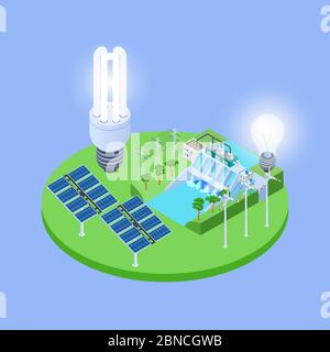 Ecological energy isometric vector concept with solar panels, eco lights bulbs, hydropower station illustration Stock Vector