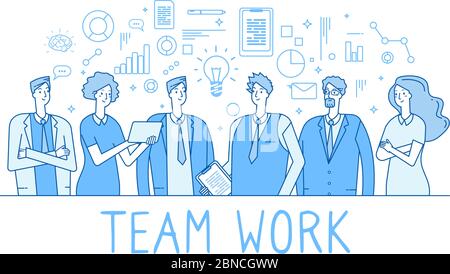 Teamwork line concept. Creative business team office workers, employees. Collaboration technology trendy flat outline vector background. Illustration of office employee, business team Stock Vector