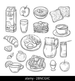 Breakfast doodle. Sandwich bread toast egg butter, morning coffee and cheese sketch healthy food vintage vector set. Sandwich and coffee to breakfast, toast and egg illustration Stock Vector