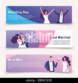 Wedding banners vector template with cartoon character. Illustration of wedding card invitation, banner celebration Stock Vector