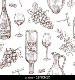 Sketch wine seamless pattern. Wine bottles wineglass corkscrew and grape. Winery, restaurant vector menu texture. Illustration of alcohol drink wine, sketch pattern with bottle Stock Vector