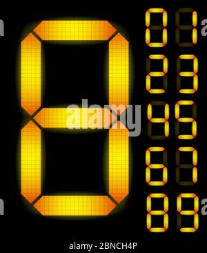 Set of orange glowing digital numbers from zero to nine on a black background Stock Vector