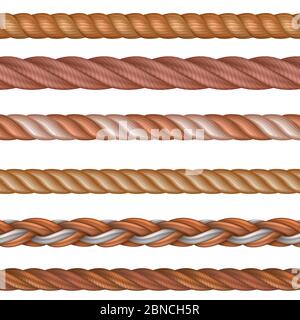 Realistic seamless rope and nautical cables vector set isolated on white background. Illustration of twisted fiber and cord string Stock Vector