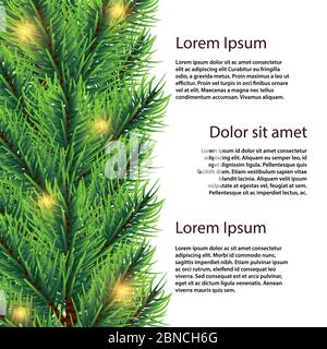 Vector realistic fir tree branch with lights banner template. Illustration of poster xmas Stock Vector