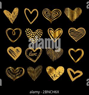 Doodle golden hearts. Hand drawn love heart icons vector set isolated on black illustration Stock Vector