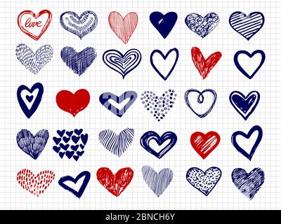 Ballpoint pen drawing doodle hearts vector big collection. Scribble sketch heart of set illustration Stock Vector