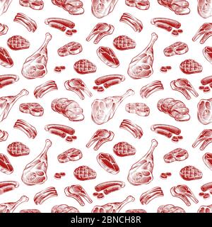 Hand drawn meat, steak, beef and pork, lamb grill meat and sausage seamless pattern. Vector illustration Stock Vector