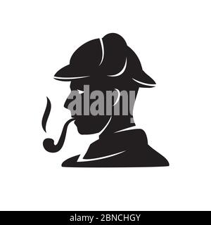 silhouette of vintage man in hat with tobacco pipe on a white isolated background. Vector image Stock Vector