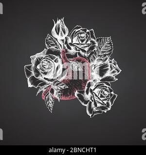 Stomach with bouquet roses on chalkboard Realistic hand-drawn icon of human internal organ and flower frame. Sketch Engraving style Medical post-viral Stock Vector