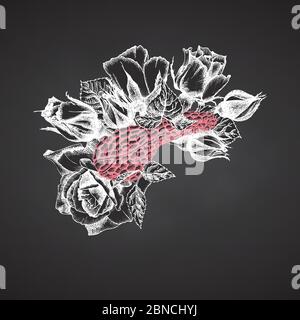 Pancreas with bouquet roses on chalkboard Realistic hand-drawn icon of human internal organ and flower frame. Sketch Engraving style Medical post Stock Vector