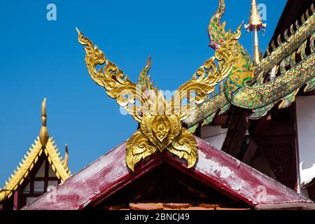 Kalae roof style in a temple in Chingmai province, it is Thai Northern traditional decorative or Lanna style, an architectural style of the northern r Stock Photo