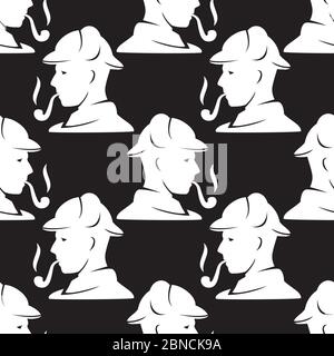 seamless pattern silhouette of vintage man in hat with tobacco pipe on black background. Vector image Stock Vector