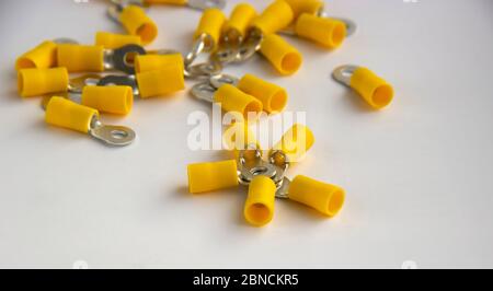 electrical crimp terminal connector. metal terminals isolated on white background Stock Photo