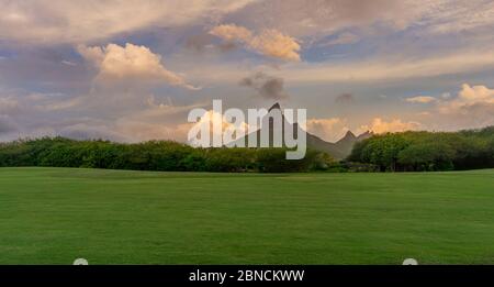 The View from the Tamarin Golf Course on the Island of Mauritius with the magnificent Rempart Mountain in the background Stock Photo
