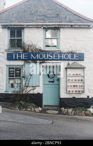 MOUSEHOLE, CORNWALL, UNITED KINGDOM - Mar 03, 2019: The Mousehole restaurant and cafe, shop in Mousehole, Cornwall