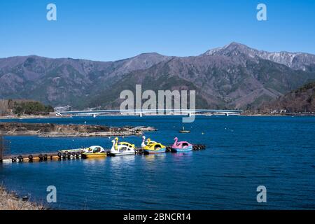 Yamanashi, Japan - March 24, 2019 : View of Lake Kawaguchi, the second largest of the Fuji Five Lakes in terms of surface area, and is located at the Stock Photo