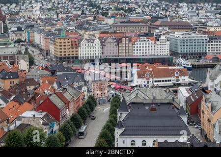Bergen, Norway city center aerial view on fish market and havn. Traditional architecture travel destination Stock Photo