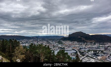 Bergen, Kronstad, Arstad panoramic aerial view from Floyvarden Balplass observation deck on cloudy autumn cold day. Bergen, Norway Stock Photo