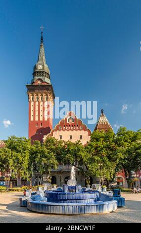 Town Hall, 1910, Art Nouveau style, Blue Fountain, 2001, at Trg Republike in Subotica, Vojvodina, Serbia Stock Photo