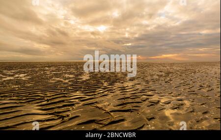The Norsee, the tide is low, the water has completely withdrawn. The view sweeps over the exposed seabed. Stock Photo
