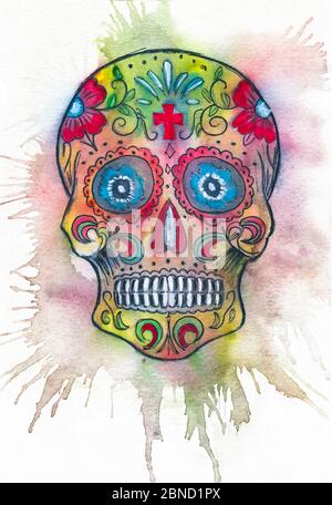 Watercolor illustration of Day of the Dead sugar skull Stock Photo