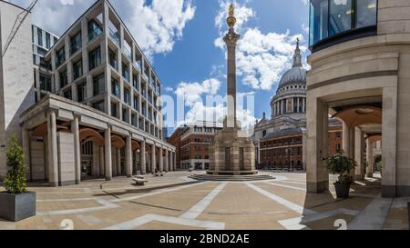 A deserted Paternoster Square, and St. Paul's cathedral in the city of London during lockdown. Stock Photo