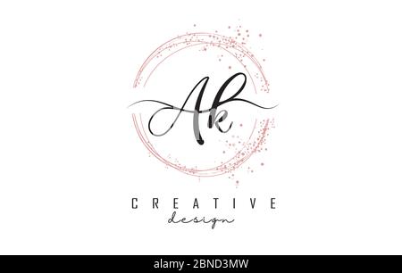 Handwritten AK a k letters logo with dust pink sparkling circles and glitter. Decorative shiny vector illustration with A and K letters. Stock Vector