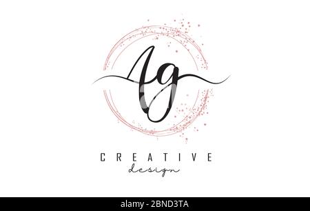 Handwritten AG a g letters logo with dust pink sparkling circles and glitter. Decorative shiny vector illustration with A and G letters. Stock Vector