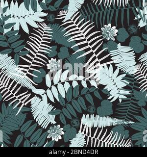 Vector black green mint jungle ferns seamless repeat pattern. Suitable for fabric, wallpaper and gift wrap. Stock Vector