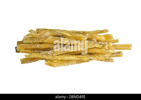 Dried salted tuna meat strips isolated on white background. Snack Fish to beer. Close up Stock Photo
