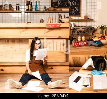 Collage of shocked cafe owner on floor looking at paper and woman near documents, calculator and smartphone at table Stock Photo