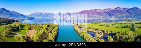 Aerial view of the mouth of the Adda river in Lake Como - Colico - Trivio di Fuentes - Italy Stock Photo