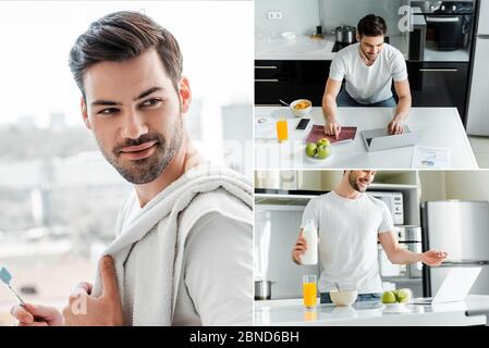 Collage of man holding toothbrush and towel, working on laptop during breakfast in kitchen Stock Photo