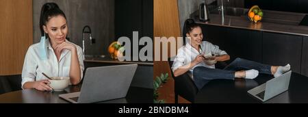 collage of young woman having breakfast during video chat on laptop, horizontal crop Stock Photo