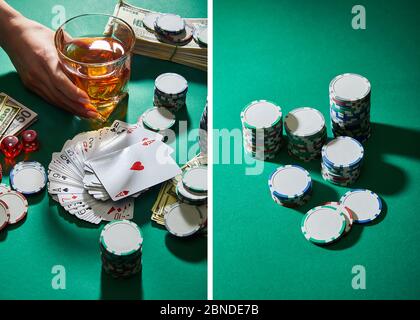 KYIV, UKRAINE - MARCH 2, 2020: collage of woman holding glass of cognac near money, playing cards, dice and casino tokens on green Stock Photo