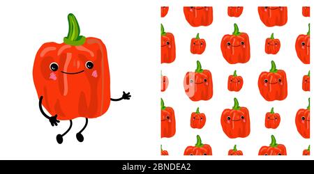 pepper bulgarian vegetable character cute. Seamless vegetable pattern with sweet pepper. Children's illustration. paprika. Stock Photo