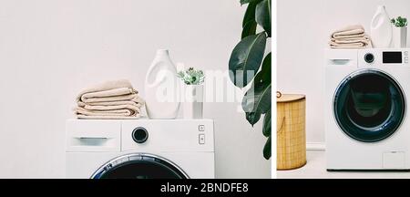 collage of cheerful man holding dirty clothing and measuring cup with  detergent near washing Stock Photo by LightFieldStudios