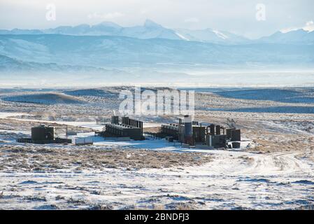 Fracking infrastructure on the Pinedale Mesa Anticline. Sublette County, Wyoming, USA, January 2013. Stock Photo