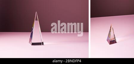 collage of crystal transparent pyramid with light reflection on pink background Stock Photo