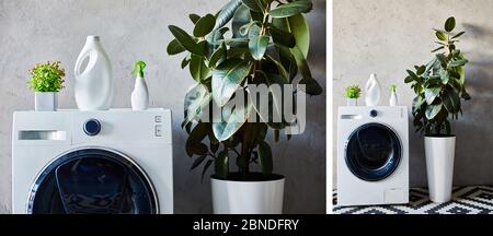 collage of cheerful man holding dirty clothing and measuring cup with  detergent near washing Stock Photo by LightFieldStudios