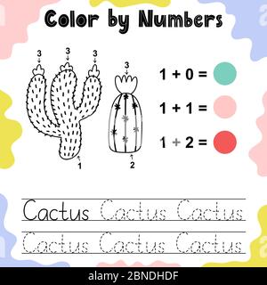 Color the cactuses by numbers. Coloring page for kids Stock Vector