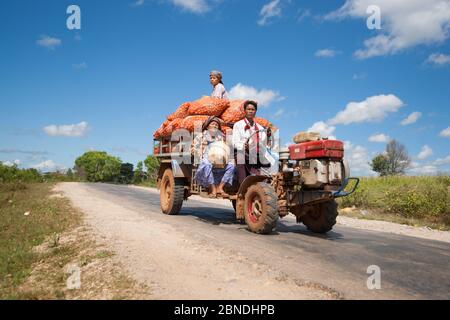 Bagan Myanmar - October 31 2013; Rustic small old tractor known as Chinese ox stacked high with oinion on sack and peasant farmers sitting on top on w Stock Photo